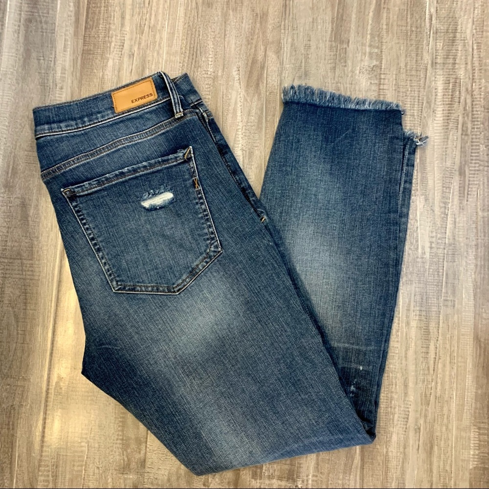 Express Mid Rise Skinny Ankle Fringe Distressed